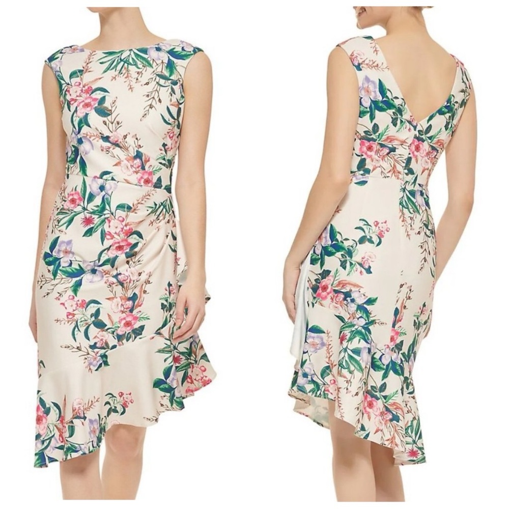 Eliza J Floral Cascade Ruffled Asymmetrical Hem Sheath Dress 10 NEW *TINY FLAW